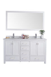 White double sink bathroom vanity with mirror.