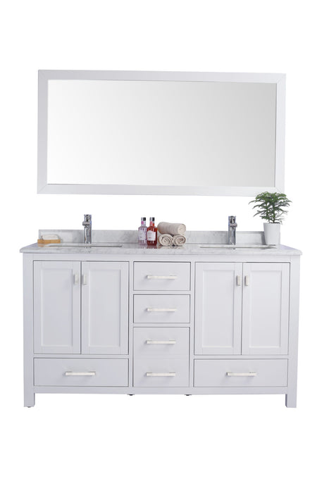 White double sink bathroom vanity with mirror.