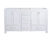White bathroom vanity with drawers and cabinet doors.