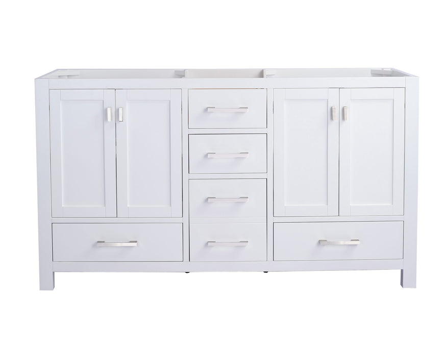 White bathroom vanity with drawers and cabinet doors.