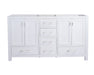 White bathroom vanity with drawers and cabinet doors.