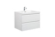 White bathroom vanity with square sink and chrome faucet.