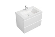 White vanity with two drawers and chrome faucet, angled view.