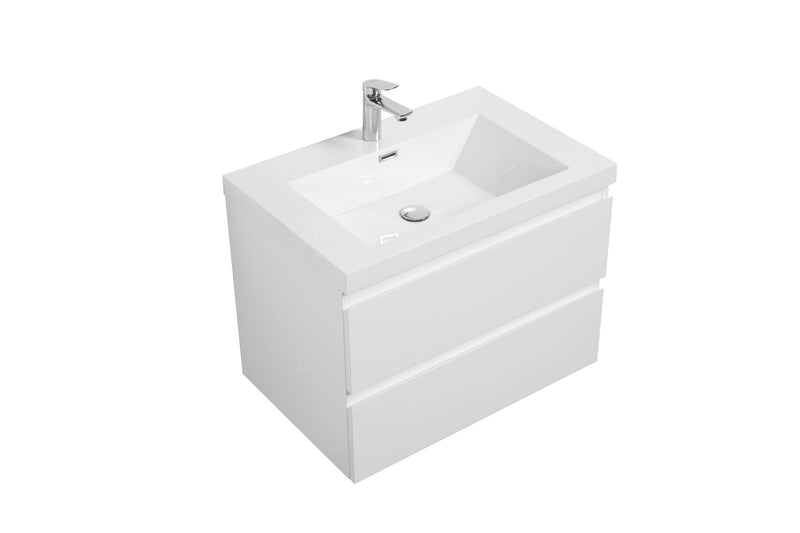 White vanity with two drawers and chrome faucet, angled view.