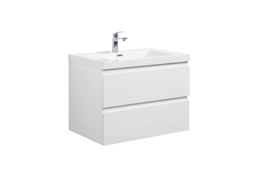 White bathroom vanity with square sink and chrome faucet.
