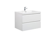 White bathroom vanity with two drawers and chrome faucet.