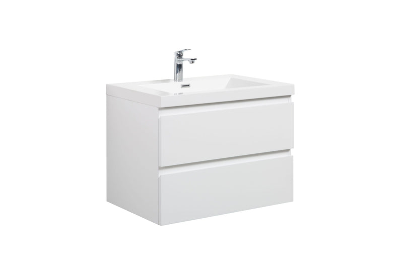 White bathroom vanity with two drawers and chrome faucet.