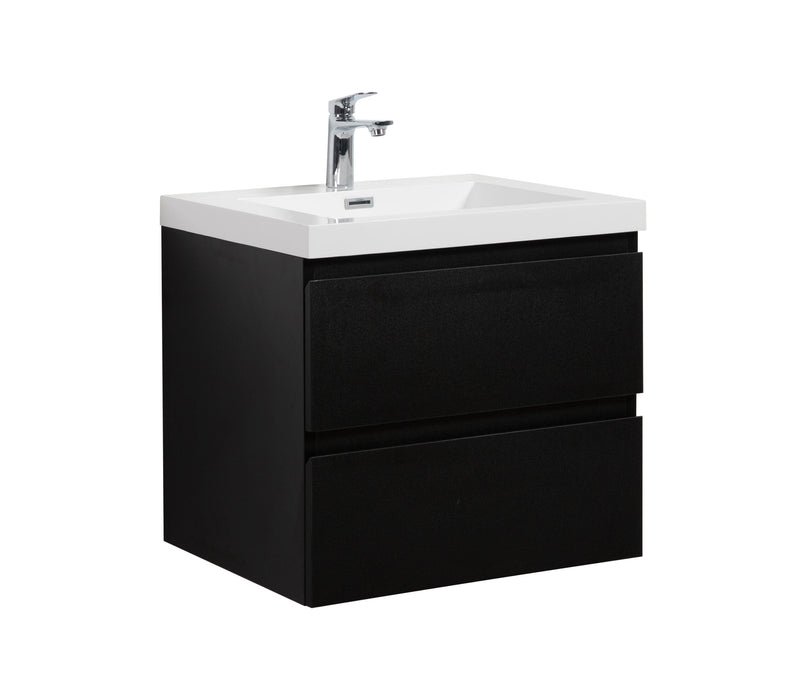 Black bathroom vanity with white sink and chrome faucet.