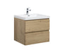 A modern light-brown vanity sink with two drawers and a chrome faucet.