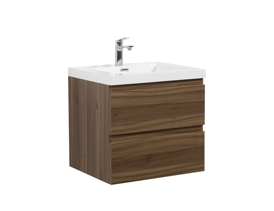 Bathroom vanity with white sink top and walnut cabinet.