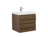 Bathroom vanity with white sink top and walnut cabinet.
