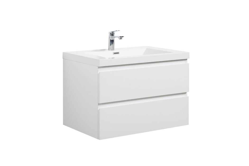 White bathroom vanity with two drawers and silver faucet.