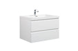 White bathroom vanity with two drawers and silver faucet.
