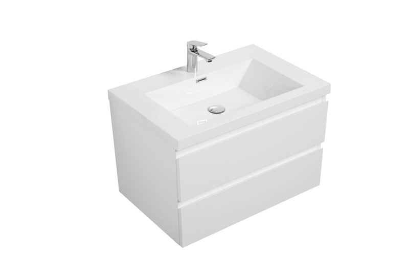 White bathroom vanity with sink and chrome faucet.
