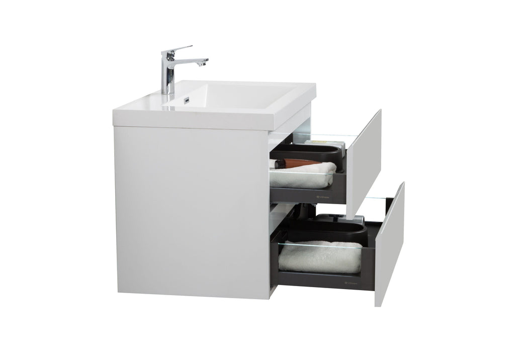 White bathroom vanity with open drawers.