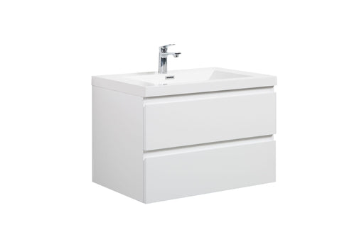 White bathroom vanity with two drawers and silver faucet.