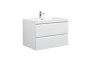 White bathroom vanity with two drawers and a chrome faucet.