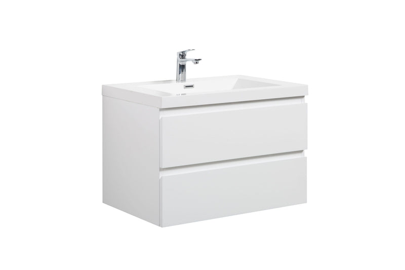 White bathroom vanity with two drawers and a chrome faucet.