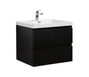 Black bathroom vanity with white sink and chrome faucet.