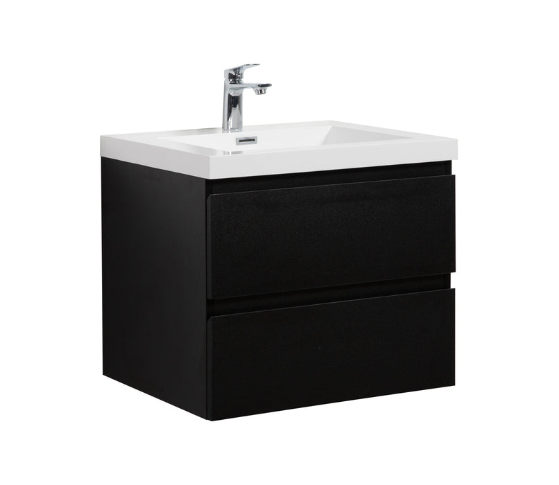 Black bathroom vanity with white sink and chrome faucet.