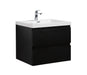 Black bathroom vanity with white sink and chrome faucet.