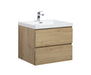 Bathroom vanity with two wooden drawers and a white sink.