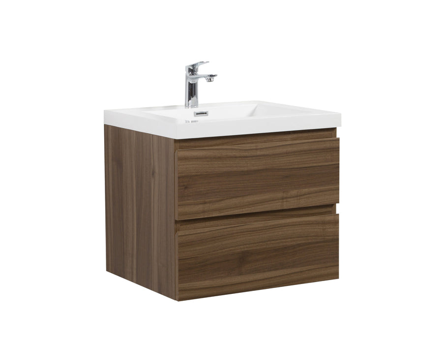 A wooden vanity with a white sink and silver faucet.