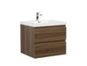 A wooden vanity with a white sink and silver faucet.