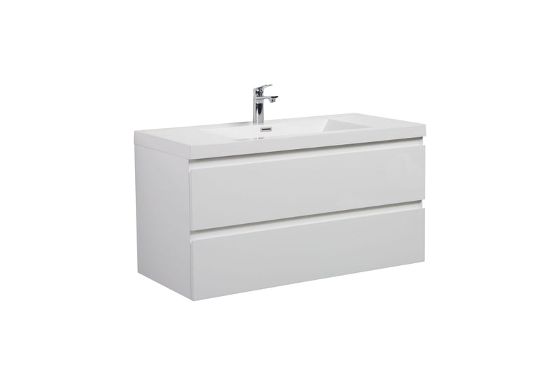 White, two-drawer bathroom vanity with sink and chrome faucet.