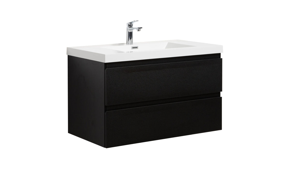 Black bathroom vanity with white sink and chrome faucet.