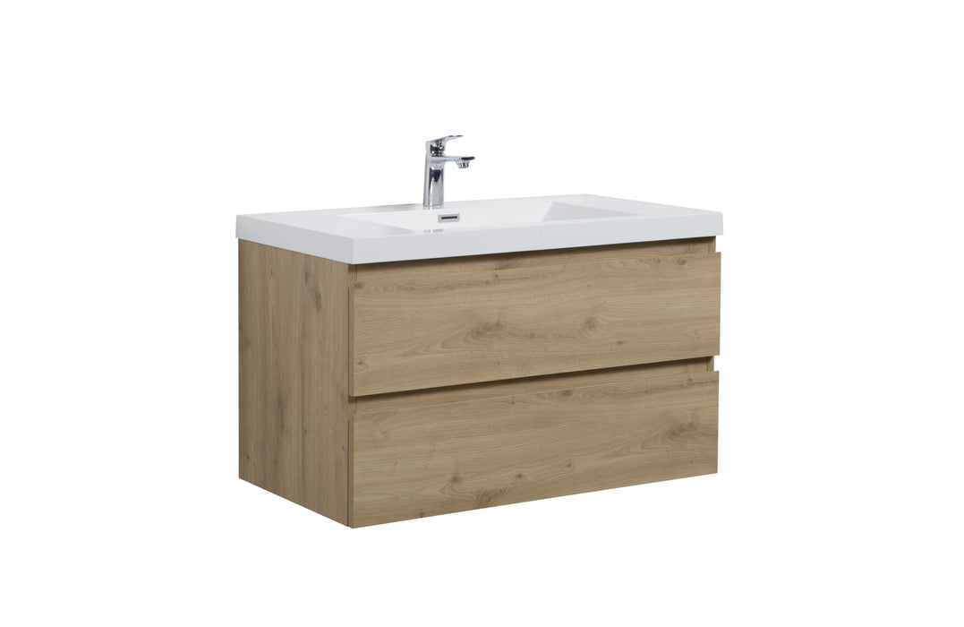 Bathroom vanity with light wood grain finish and a white sink top.