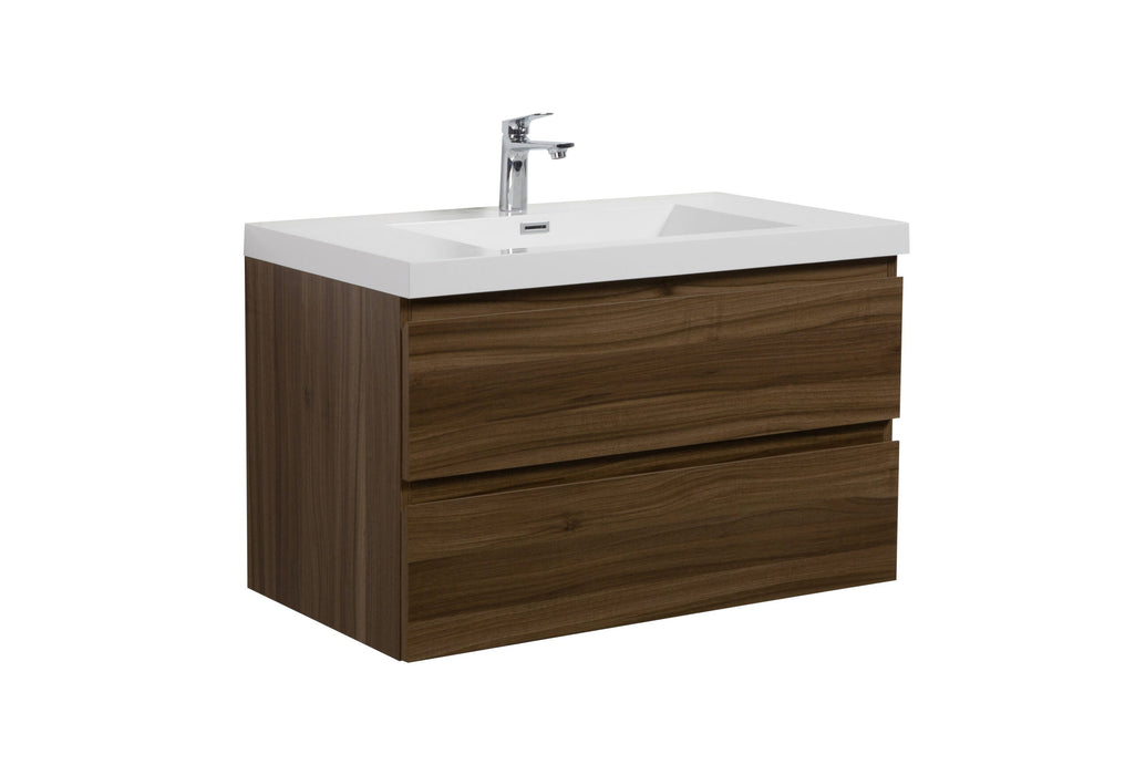 Walnut vanity with a white countertop and chrome faucet.