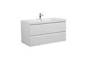 White bathroom vanity with sink and two drawers.
