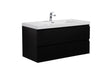 Black bathroom vanity with white sink and chrome faucet.