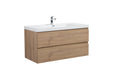 Floating vanity with light wood grain finish and white countertop sink.