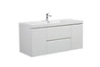 White bathroom vanity with built-in sink and chrome faucet.
