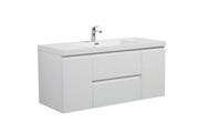 White vanity with sink and chrome faucet.