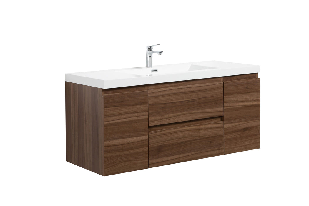 Wall-mounted brown vanity with white sink and chrome faucet.