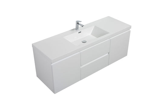 Modern white bathroom vanity with a countertop sink.
