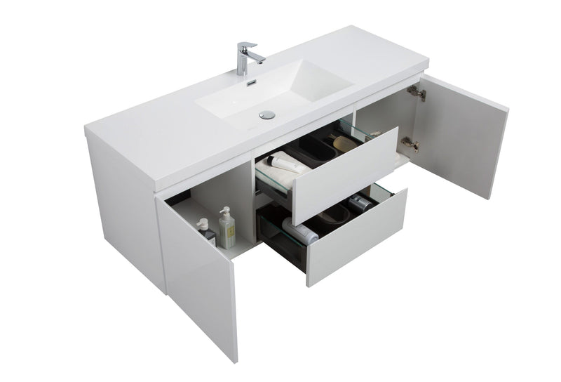 White bathroom vanity with open doors and drawers revealing storage.