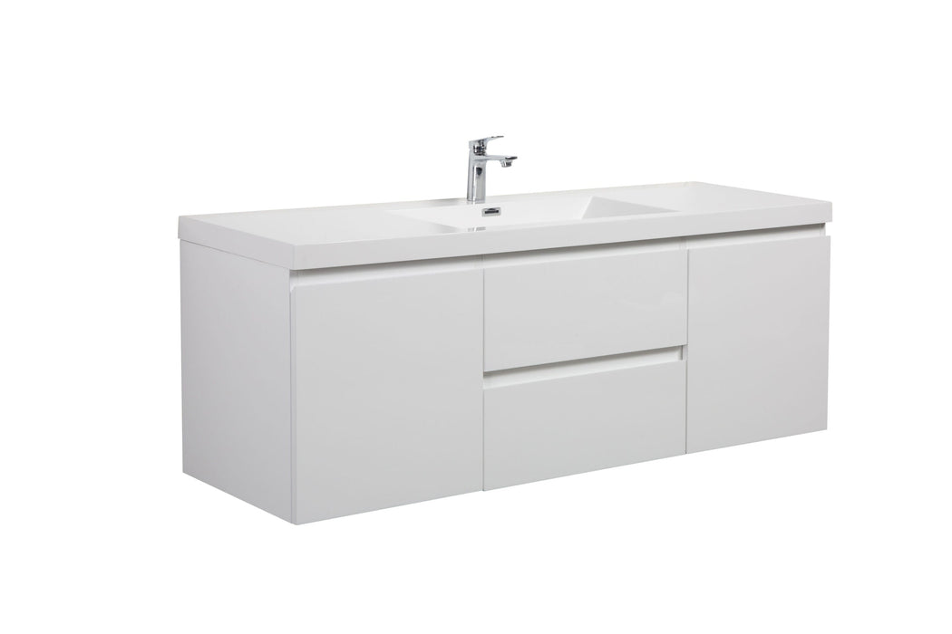 White double vanity with faucet and drawers.
