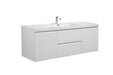 White double vanity with faucet and drawers.