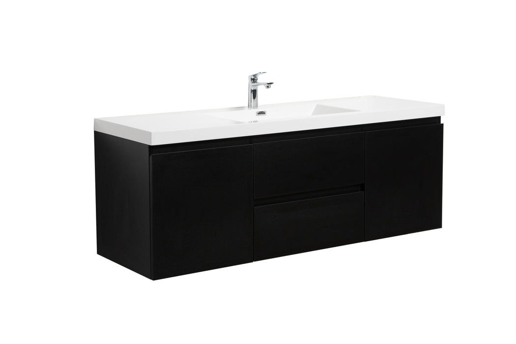Black vanity with white countertop and silver faucet.
