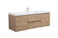 Wood-grain vanity with white countertop and chrome faucet.