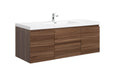 Wall-mounted wooden vanity with double sink and chrome faucet.