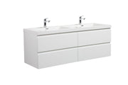 White double vanity with sinks and chrome faucets.