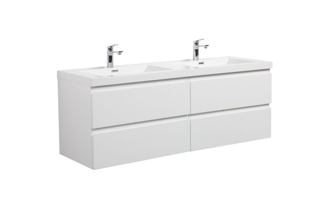 White double vanity with sinks and chrome faucets.