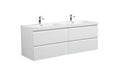 White double vanity with sinks and chrome faucets.