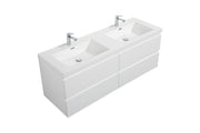 White, double-sink vanity with two silver faucets.