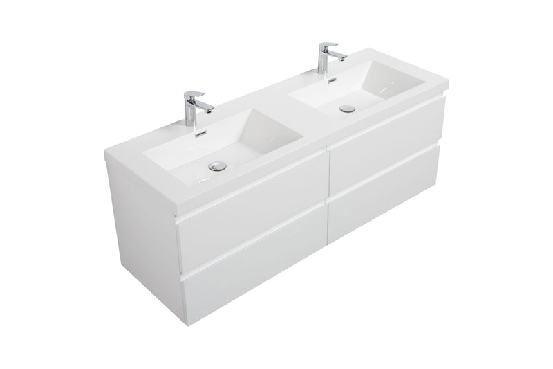 White, double-sink vanity with two silver faucets.